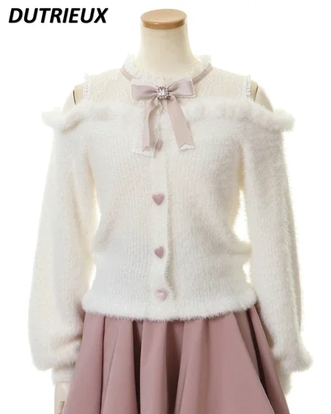 Lolita-suéter con hombros descubiertos para mujer, ropa de invierno, Jersey elegante de manga larga, prendas de punto, lazo de encaje, cintura delgada, estudiante