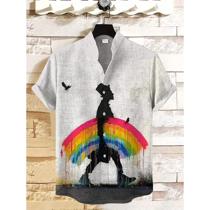 

Men's Rainbow Print Casual Shirt Harajuku Summer Hipster Button Down Shirts Summer Holiday Casual Shirt Beach Hawaiian Shirt