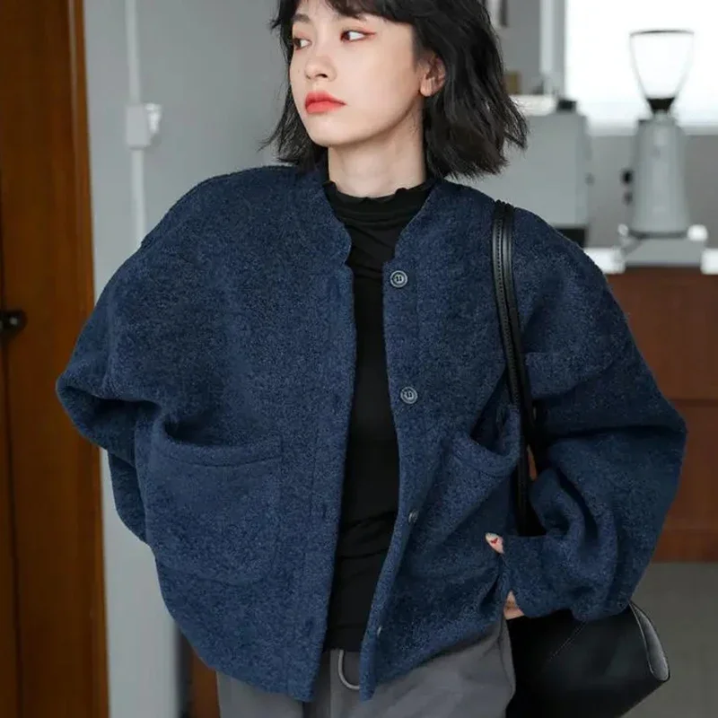 Navy Blue Warm Women Jacket Vintage Preppy Style Single Breasted Long Sleeve Crop Tops Korean Casual All Match Loose Solid Coat