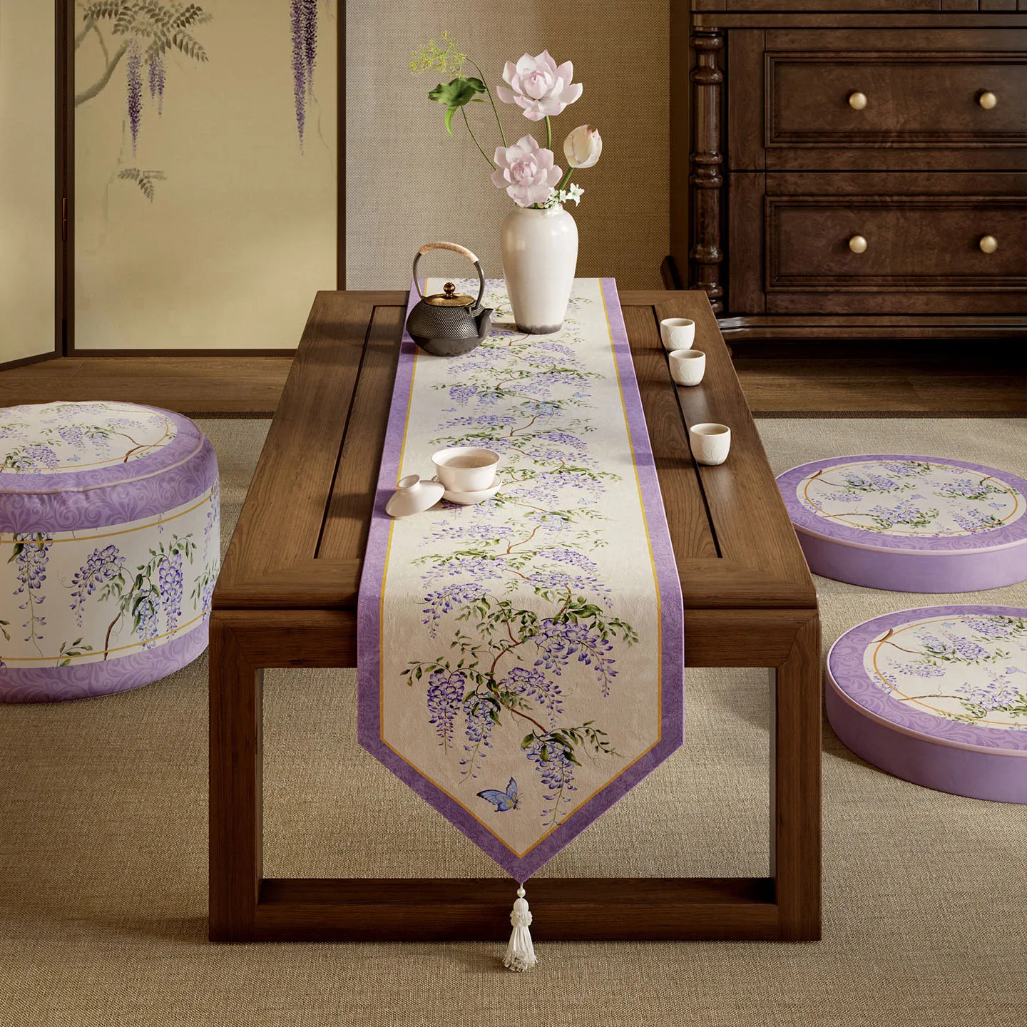 

Chinese Style Light Luxury Short Plush Material Table Runner Tassel Table Decoration And Accessories Restaurant Customization