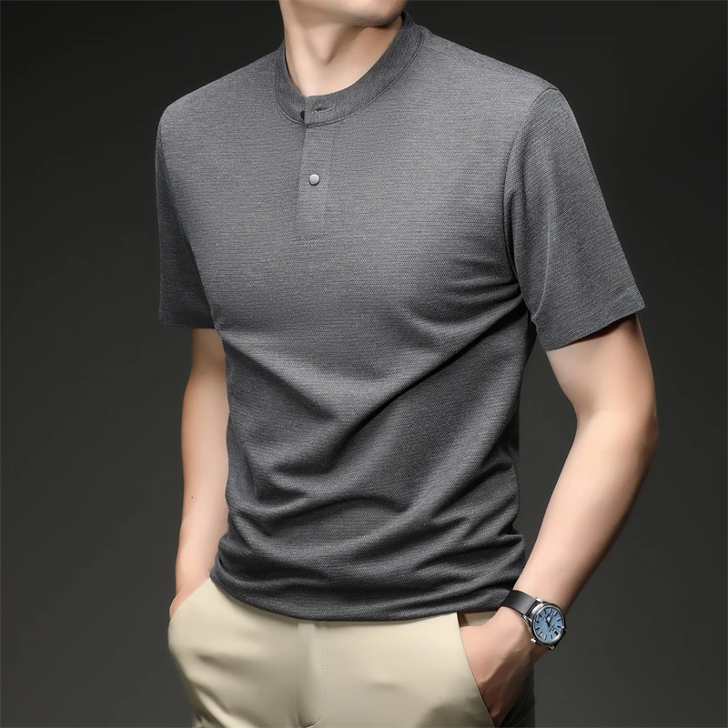 2026 New Men's Single Button Henley Neck Tee Comfortable Textured Fabric Short Sleeve For Casual And Business