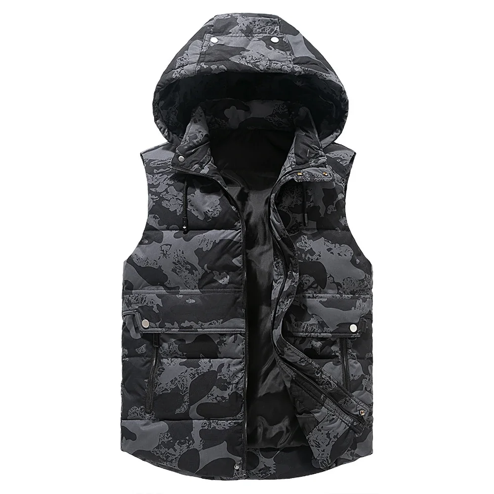 Men's Winter Vest Plus Size 5xl Hat Detachable Waistcoat Camouflage Sleeveless Jackets Warm Parkas Unloading Coat for Men Unisex