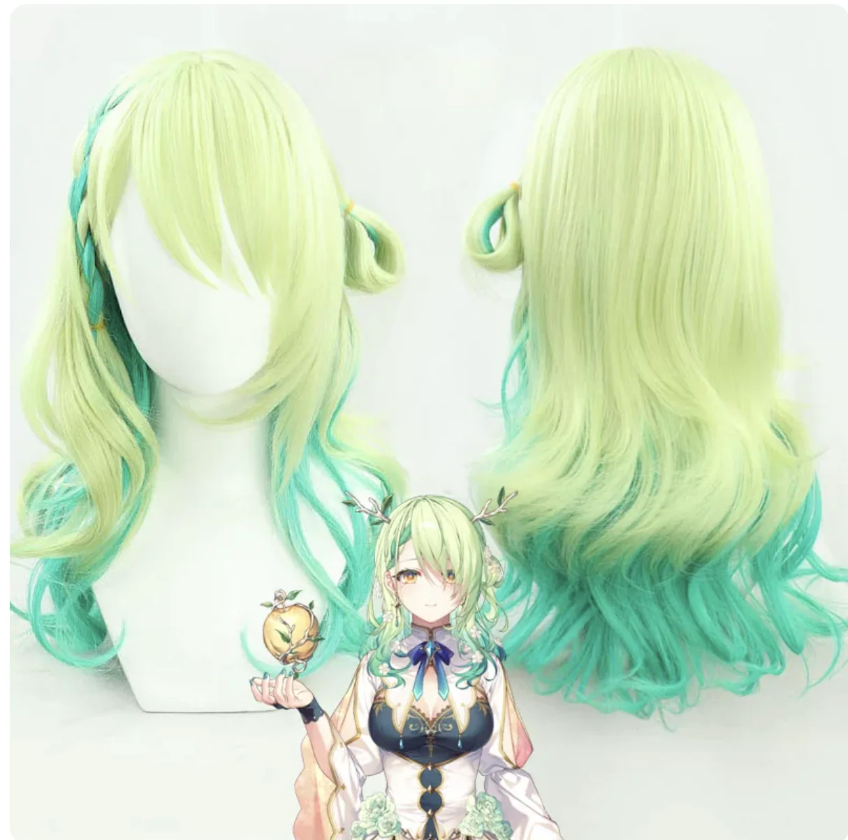 Women Virtual Tuber Hololive Seleshi Fana Cosplay Long Green Gradient Curly Heat Resistant Synthetic Hair Wigs