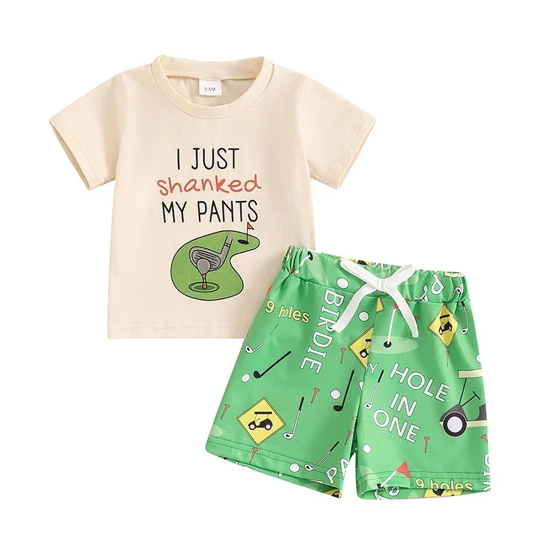 

Toddler Boy Casual Outfit Letter Print Short Sleeve Tops with Golf Pattern Elastic Waist Shorts 2 Pcs Clothes