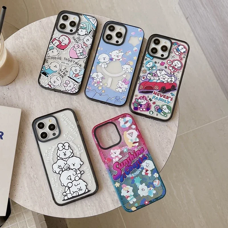 

Cute White Dog Family 2.0 Acrylic Black Border Magnetic Phone Case Cover for iPhone 12 13 14 15 Pro Max Case