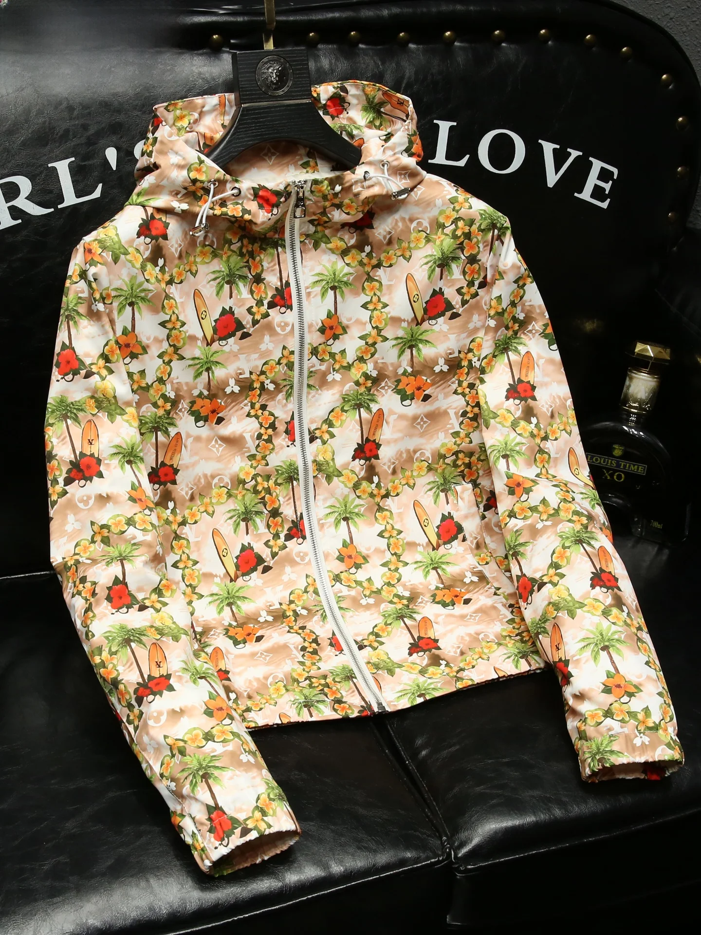 

Faionable Slim Fit Men's Jaet with Hat Large Flower Print Spring Autumn New Sle Luxury Brand Outerwear Casual Urban Wear