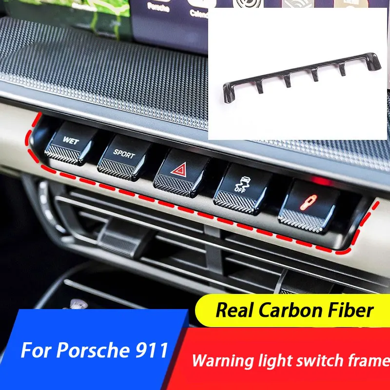 Real Carbon Fiber Interior Center Console Warning Light Switch Cover Trim Fit For Porsche 911 2019 2020 2021 2022 2023 2024
