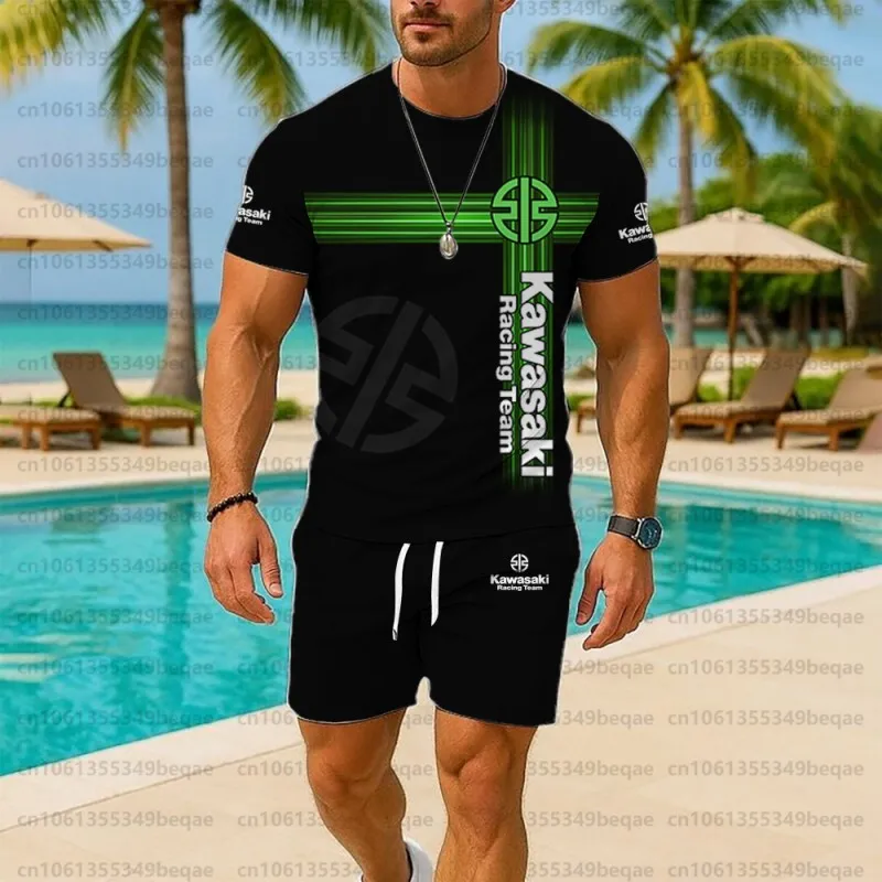 

2025 men's short sleeved outdoor fashion Kawasaki rider motorcycle pattern T-shirt and shorts two-piece set daily hot selling