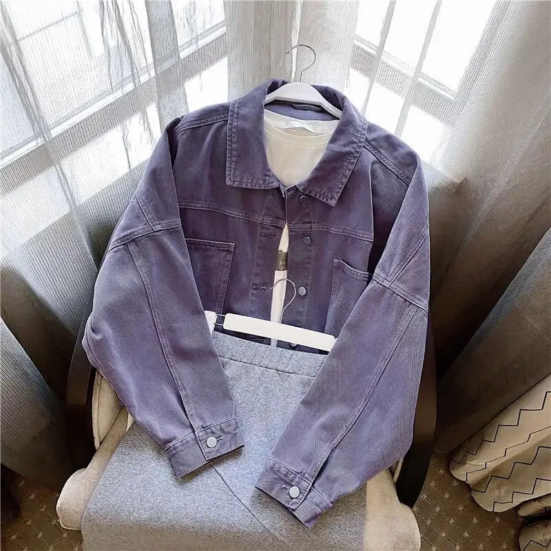 Giacca di jeans viola per le donne 2024 autunno nuovo coreano sciolto Top corto cappotti moda Laple monopetto Versatile capispalla