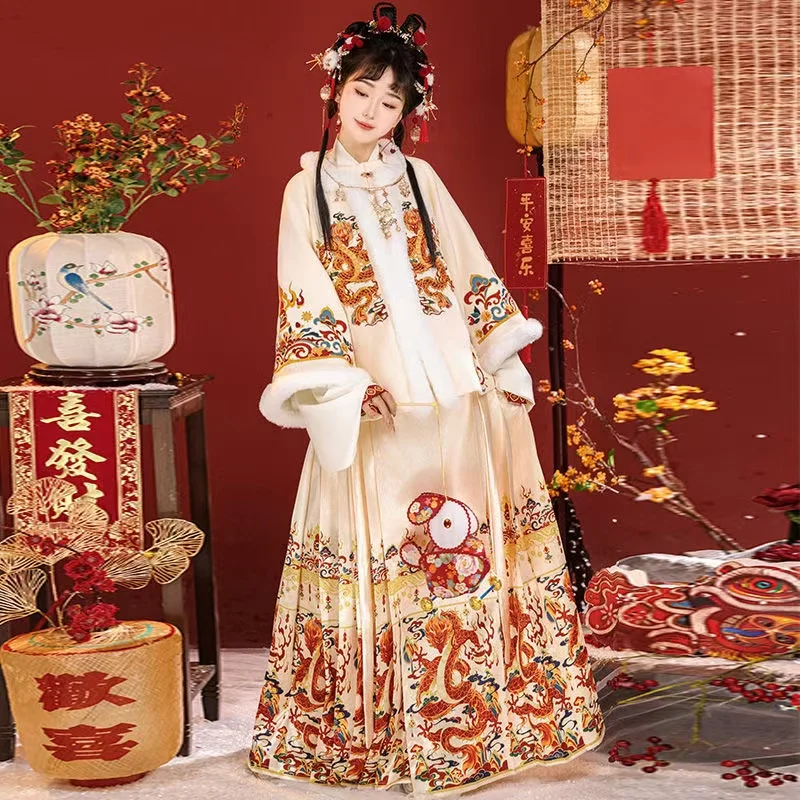 ドラゴン刺embroideryの女性の漢服ドレス,中国のフェイススカート,お祝いのステージ,新年の衣装,厚手,明代,重工業