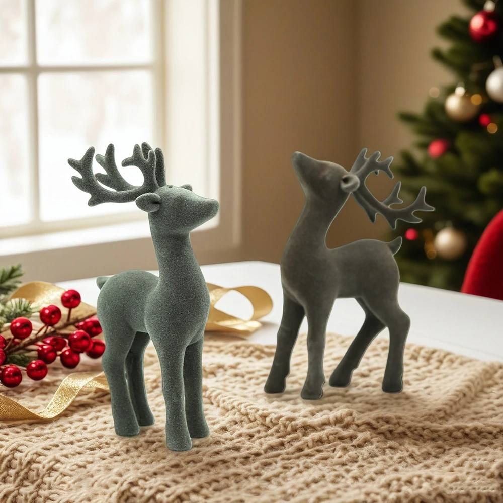 Seasonal Reindeer Decor Pair with Realistic Silhouettes and Uniform Flocking for Cohesive Tabletop Mantel or Shelf Arrangements