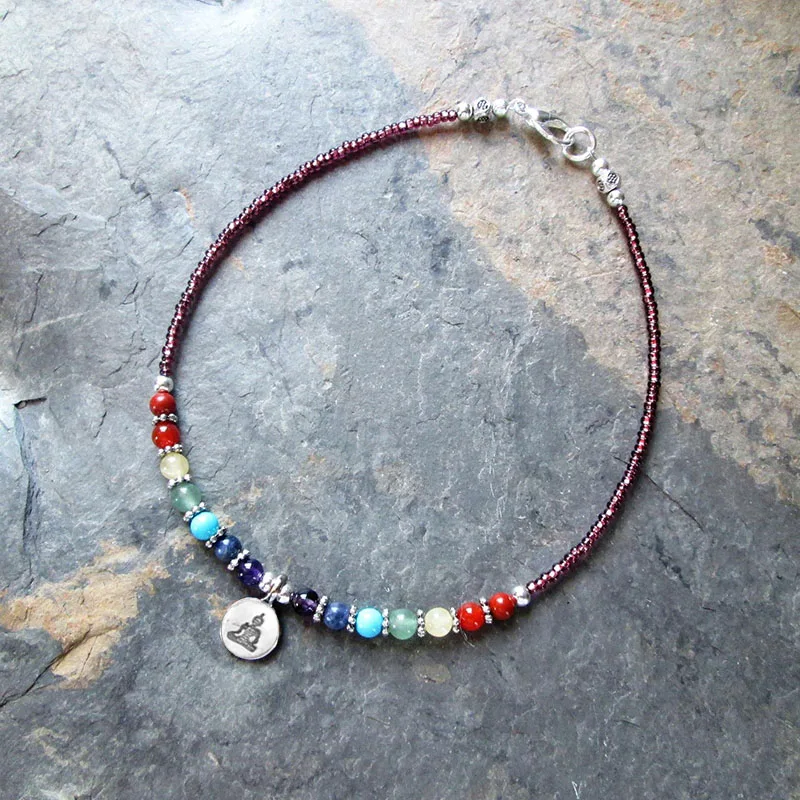 Chakra Gemstone & Lotus Charm Anklet - 7 Chakra Ankle Bracelet - Yoga Ankle