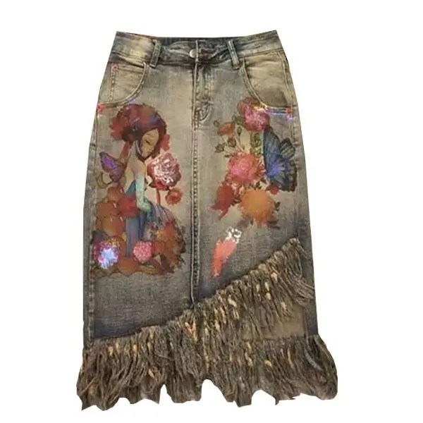 Summer New Denim Skirt Female Furred Edge Printed Irregular Denim A-line Package Hip Denim Skirt Jupe Fleurie Femme Été