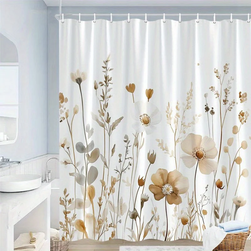 1pc wildflower field pattern shower curtain, polyester fabric, machine washable, with hooks, suitable for bathroom decoration