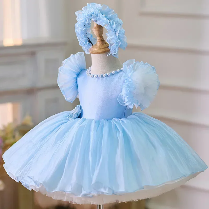 

2025 Summer Baby Girls 1st Birthday Party Dress Toddler Kids Bow Fluffy For Wedding CeremonyTutu Gown Flower Girls Blue Dresses