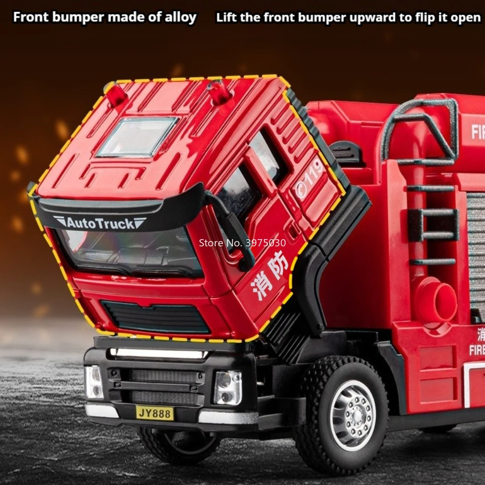 1:50 Spray Fire Truck Miniature Alloy Diecast Model Car Toy with Sound Light Doors Opened Pull Back Vehice for Kid Birthday Gift