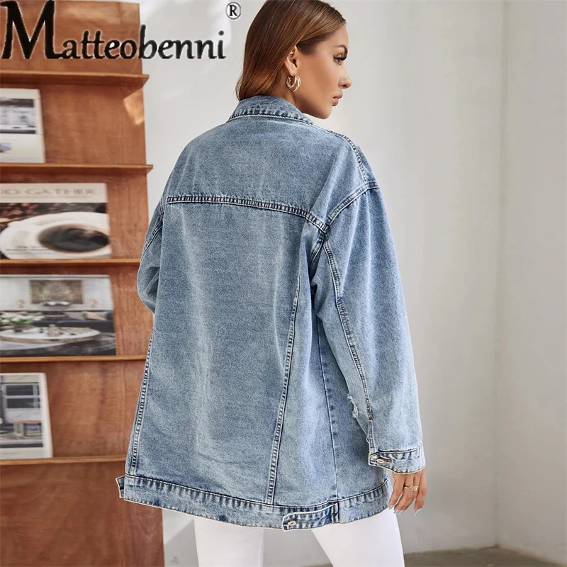 Vintage Style Loose Denim Jacket Autumn Winter Women\'s Long Sleeve Single-breasted Cardigan Coat Female Fashion Casual Outerwear