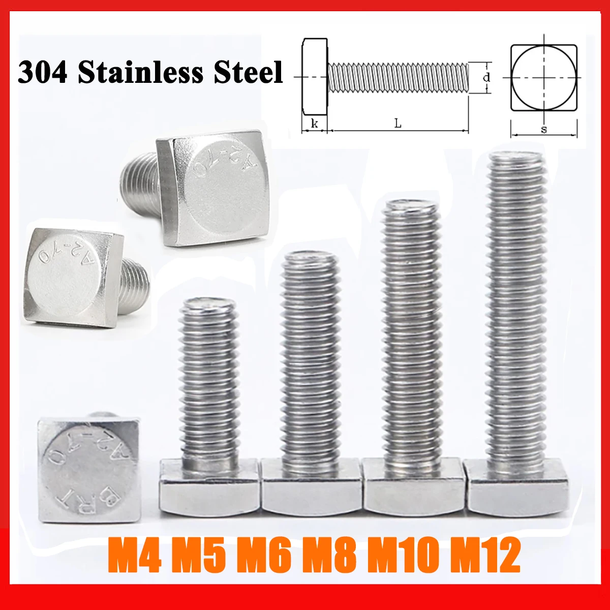M4 M5 M6 M8 M10 M12 GB35 304 Stainless Steel Square Head Bolt Foursquare Quadrate Type Head Machine Screw Bolts Length 8-100mm
