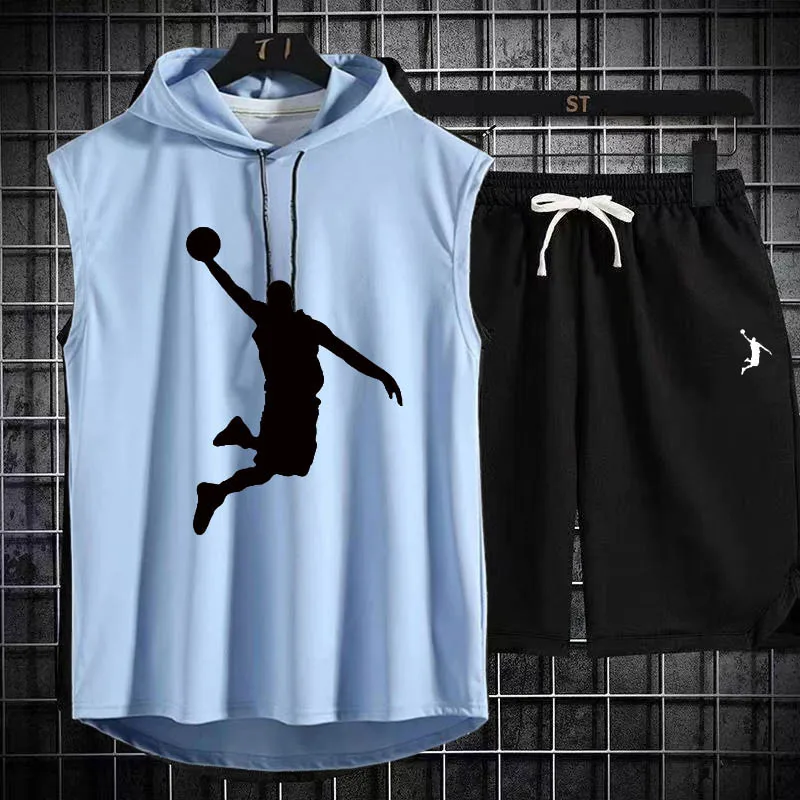 Summer Men\'s Two Piece Set CasualT-Shirt and Shorts Set Mens Sports Suit Fashion Short Sleeve Tracksuit Hooded T-shirt