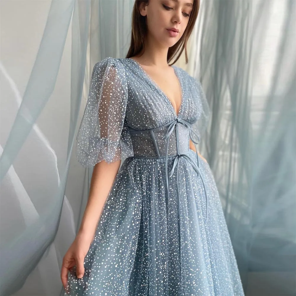 

Sevintage Sparkly Tulle Prom Dresses V-Neck Puff Sleeves Tea-length A-Line Formal Party Dress 2022 Evening Gowns with Pockets