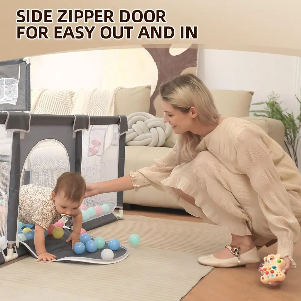 Parc gris avec tapis, 73x71, adapté aux bébés et aux tout-petits, utilisation extérieure et intérieure, design respirant avec accessoires