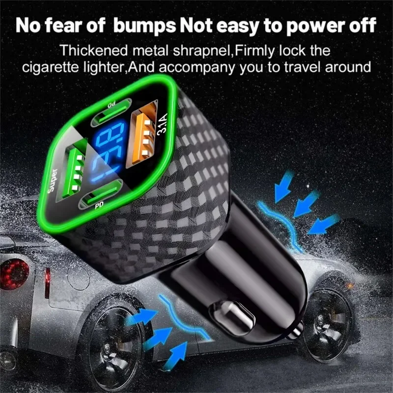 380W Car Mobile Phone Charger Dual PD Dual Type-C 4-in-1 Digital Display Auto Charger DC 12V/24V Super Fast Charge Adapter