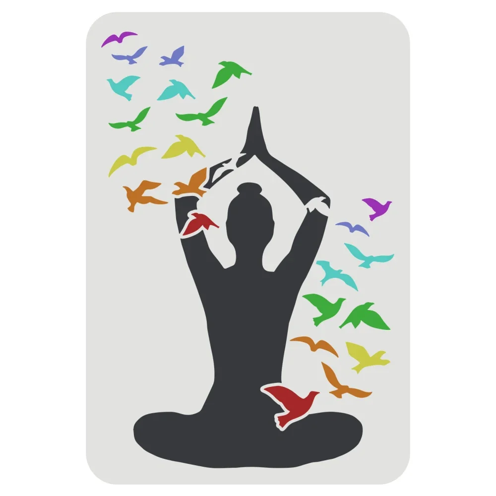 Yoga Pose Stencil  Reusable Drawing Stencil Women Practicing Yoga and Flying Birds Stencil for Painting on Wall Canvas Furniture