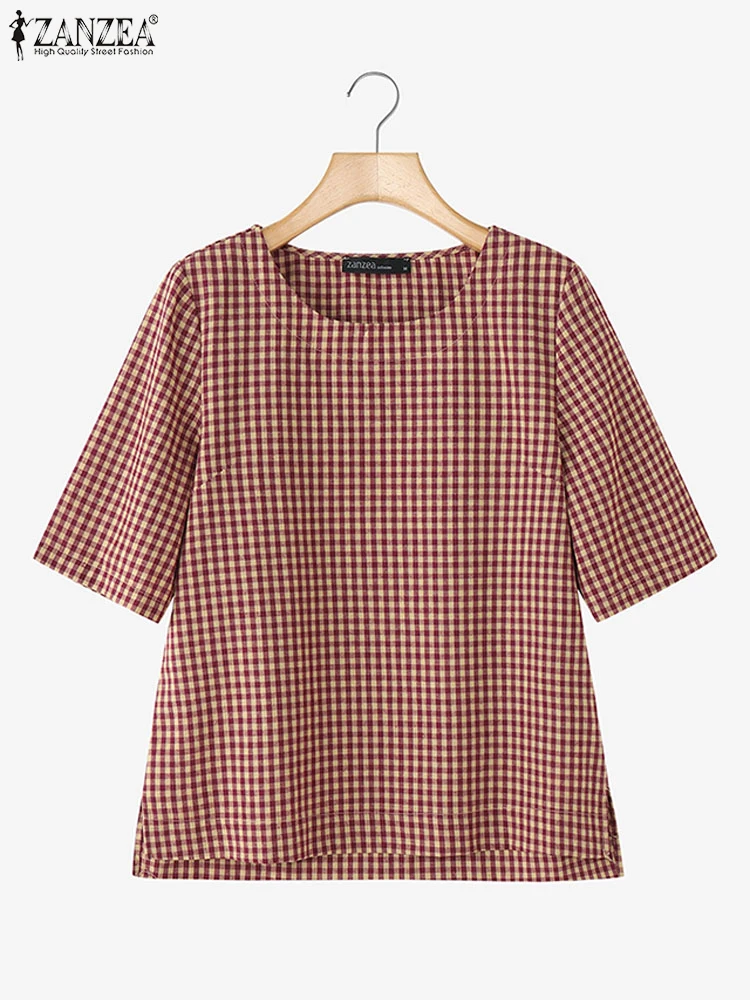 เสื้อผู้หญิงลายตารางหมากรุก ระบายอากาศได้ดี สำหรับฤดูใบไม้ผลิและฤดูร้อน คอทรงโอ แขนสั้น สไตล์ลำลอง แบรนด์ ZANZEA เหมาะสำหรับใส่ในชีวิตประจำวัน ไซส์ S-3XL