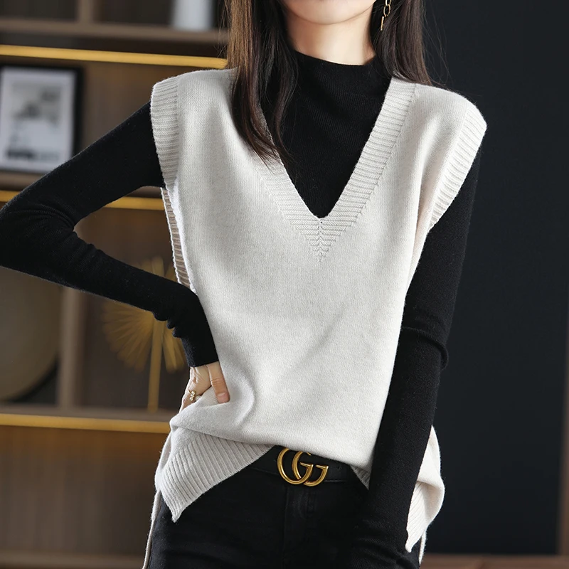 Outerwears V-Neck Black Knitted Women Sweater Vest New Sleeveless Knit Sweater Vest Women Tops Sweaters Sueters De Mujer Q2153