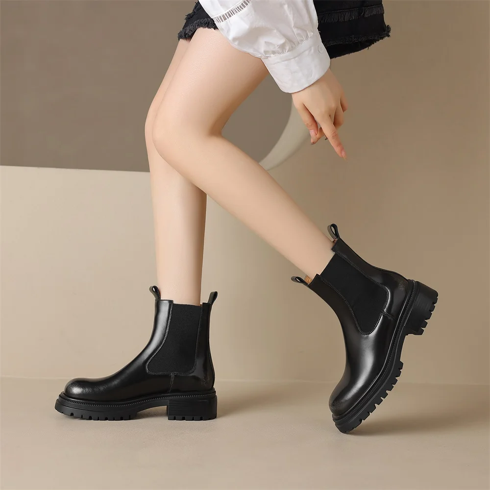 RIZABINA Size 34-42 Genuine Leather Women Chelsea Boots Elastic Band Thick Bottom Short Boots Ladies Slip On Winter Warm Shoes