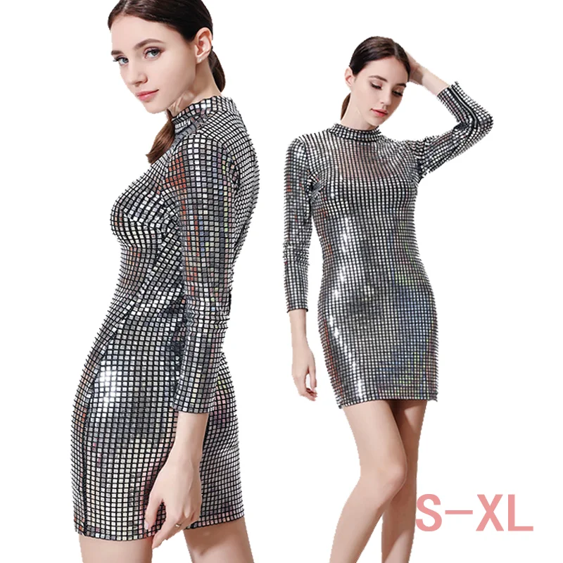 

Ladies party shiny sequins wrap hip club sexy round neck mini dress ladies long-sleeved tights