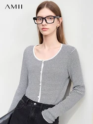 AMII Minimalism Striped Knit Sweaters For Women 2024 Spring New Basics Commuter Straight Stretch O-Neck Wool Cardigan 12441283