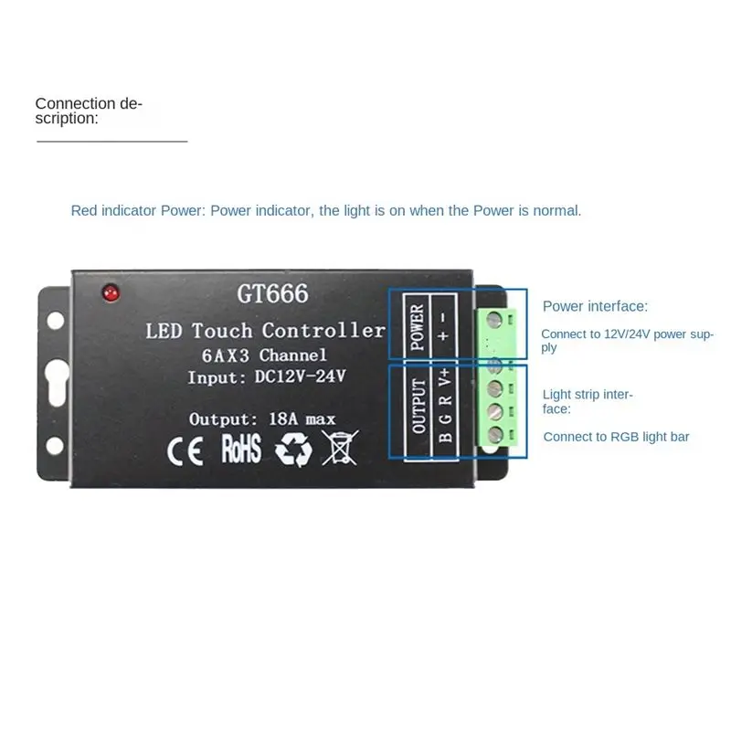 TCE GT666 RGB LED LED Strip Controller Wireless Touch Remote DC 12V 24V 18A 3 Channels Lights Tape Dimmer Switch