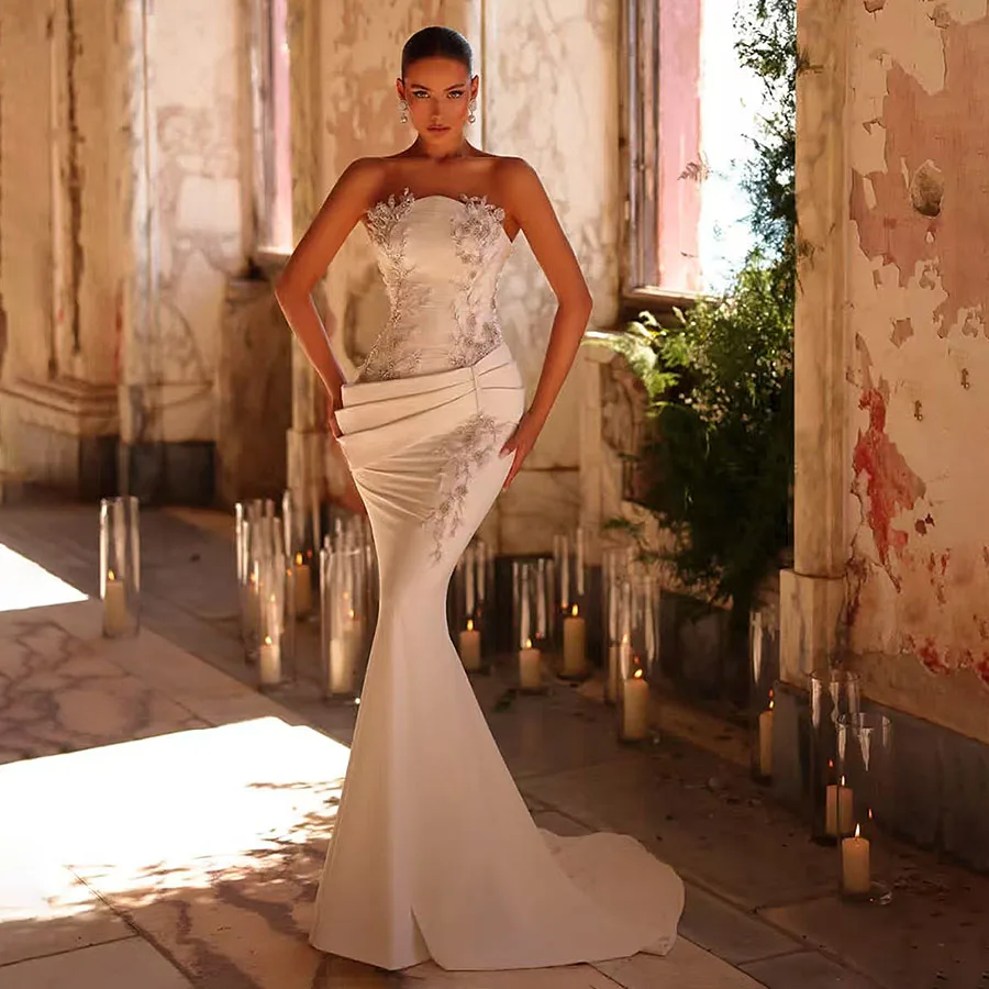 

OEING 2025 New Luxury Satin Mermaid Wedding Dress Beaded 3D Flowers Backless Bridal Gown Vestidos de Novia Customized