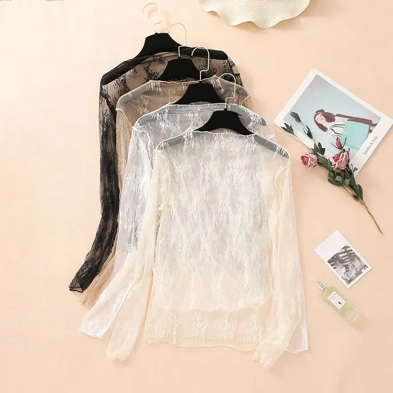 

Women's Semi-High Neck Lace Blouse Spring See-Through Mesh Long Sleeve Top