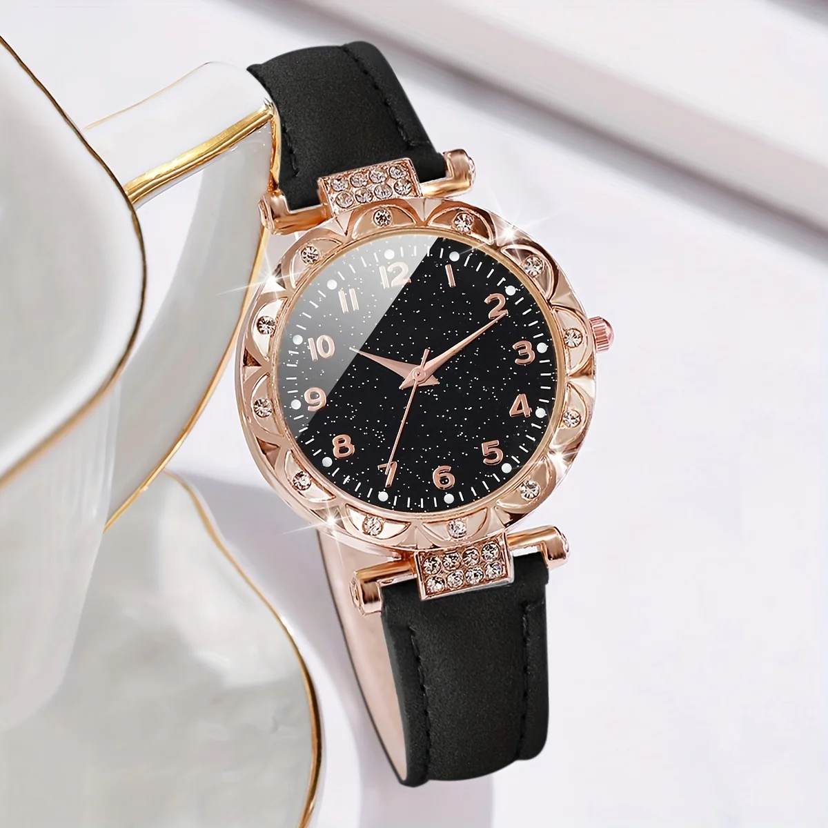 2PCS/Set Shimmering Rhinestone Womens Watch & Heart Bracelet Duo - Quartz Analog Timepiece with PU Leather Strap