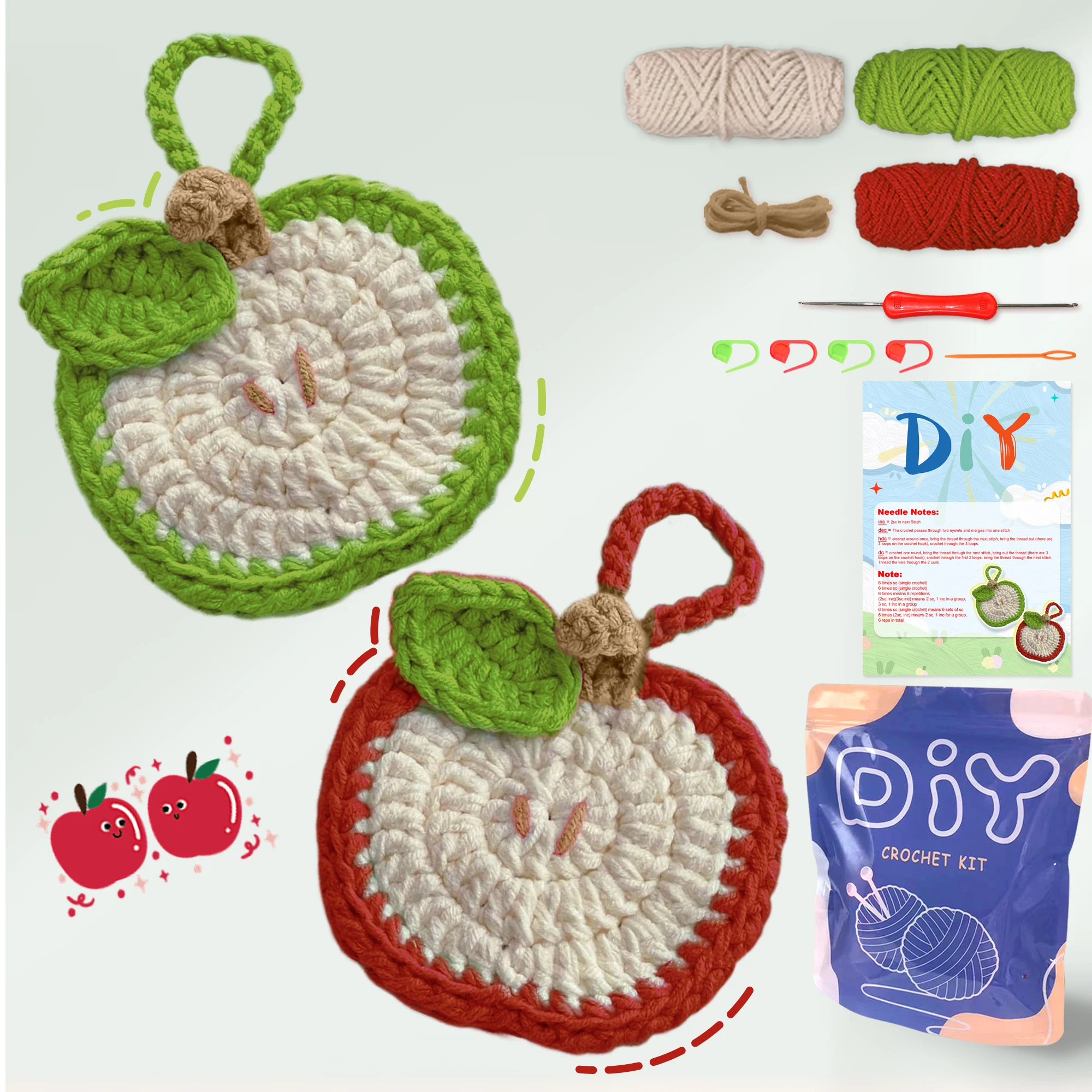 YAMAXIN 2-Piece DIY Yarn Kit, Apple-Shaped Earphone Case Crochet Material Set, Handmade Craft Supplies for Creative Projects