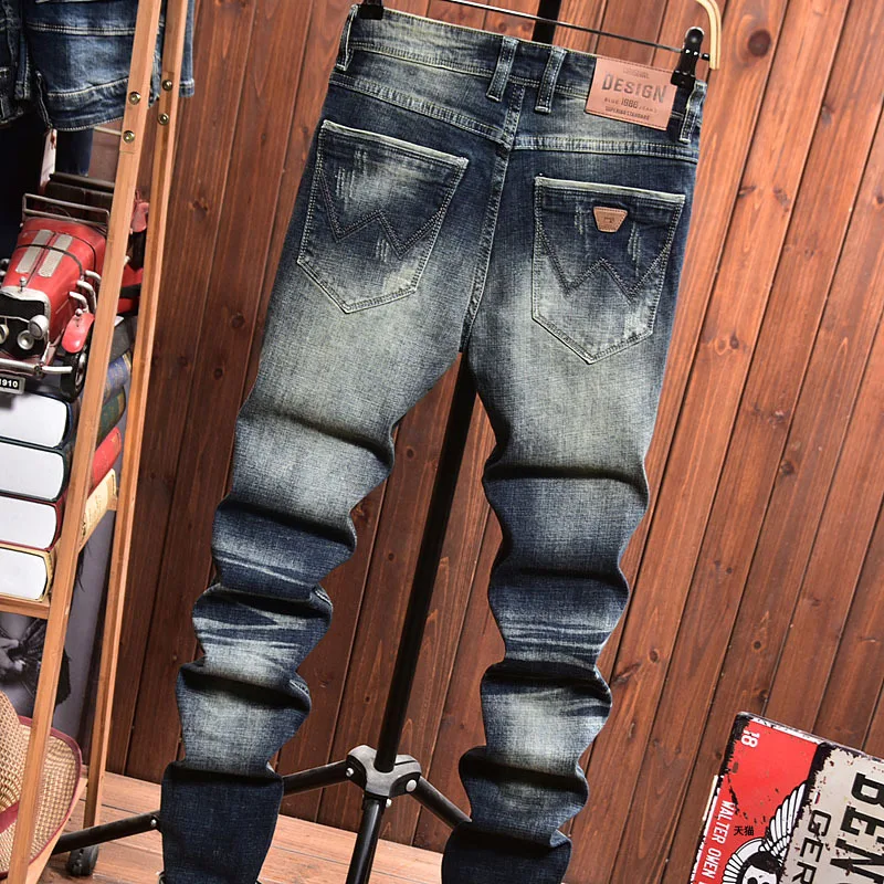 

Fashionable high-end jeans men's slim fit small foot trendy brand Korean version street retro nostalgic denim pants