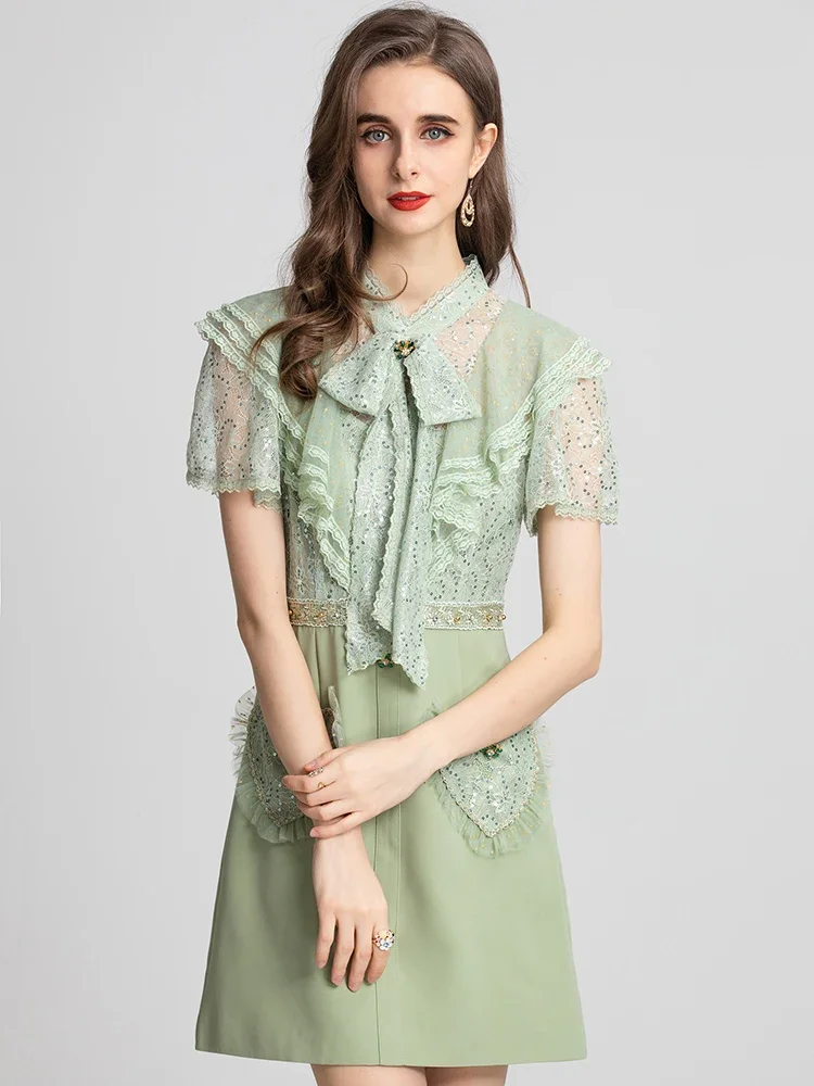 

ZOZO Fashion Runway Dress Summer Women's Elegant Bow Mesh Sequins Ruffles Flare Sleeve Patchwork Green Dresses