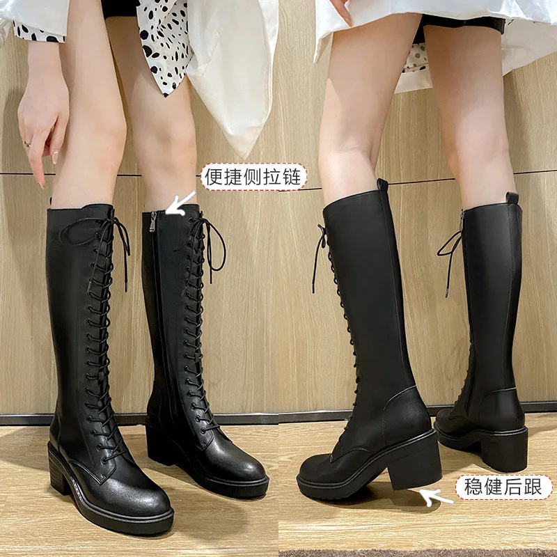 White Women\'s Long Boots Lace-up High Heel Knight Boots Over-the-knee Thigh-high Petite Size Internet Celebrity Mid-calf