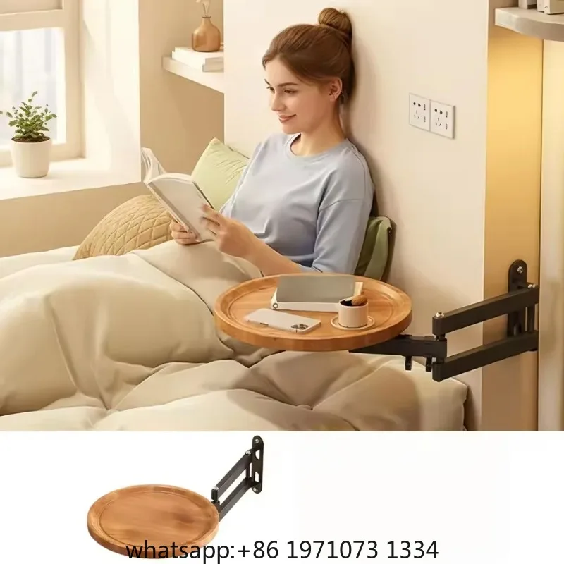 Folding Wall Table For Bed Retractable Wall-Mounted Desk Small Round Desk Wall Mounted tray Rotatable Bedside Storage Holder view 5