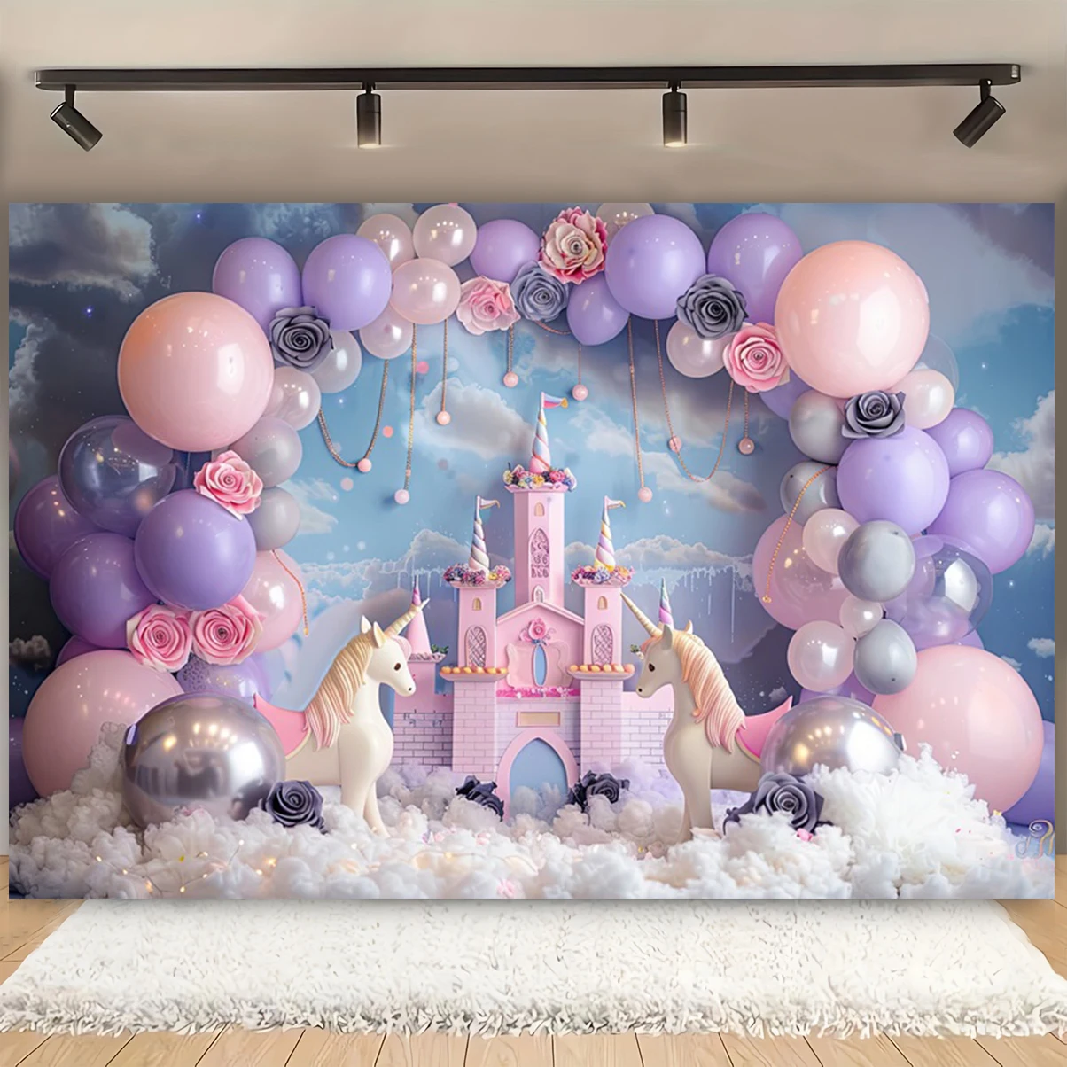 

Unicorn Castle Balloon Girl 1st Birthday Background Baby Party Princess Rainbow Pony Photography Backgdrop Photo Studio Props