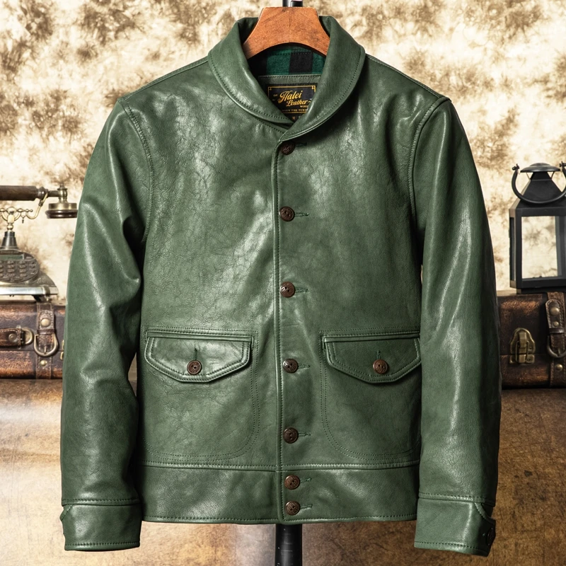 Green Autumn Leather Jacket Men Retro Casual Style Plus Size 5XL Natural Sheepskin Slim Fit Short Genuine Leather Coat