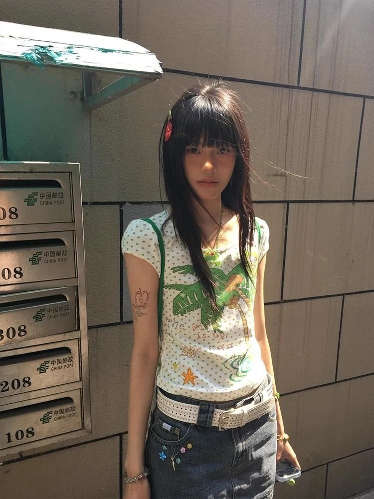 

HOUZHOU Y2k Graphic T-shirt Women Vintage Japanese Style Crop Tops 2000s Aesthetic Summer Print Short Sleeve Tshirts Streetwear