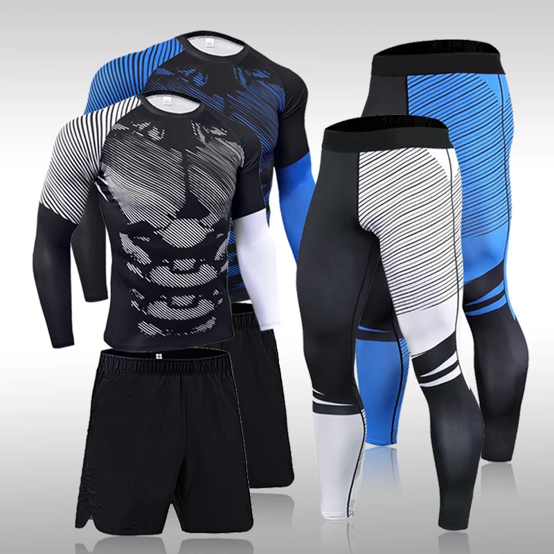 Men\'s Sports Suit MMA Rashgard Male Quick Drying Exercise Workout Leggings Sportswear Compression Clothing Fitness Training Kit