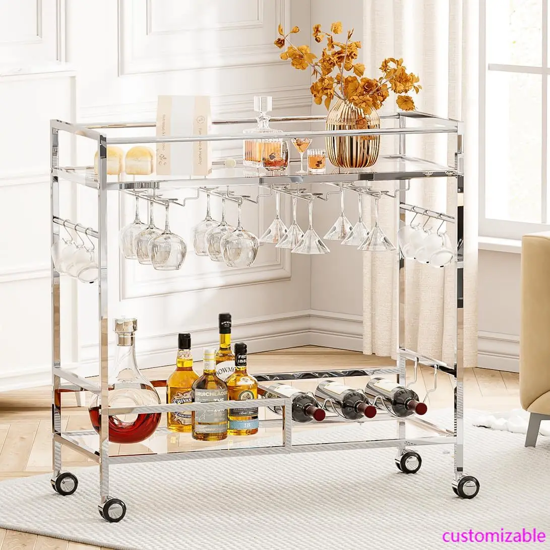 عربة بار، عربة تقديم بار منزلية على عجلات قابلة للقفل، عربة دوارة من طبقتين مع أرفف من الزجاج المقسى ورف النبيذ