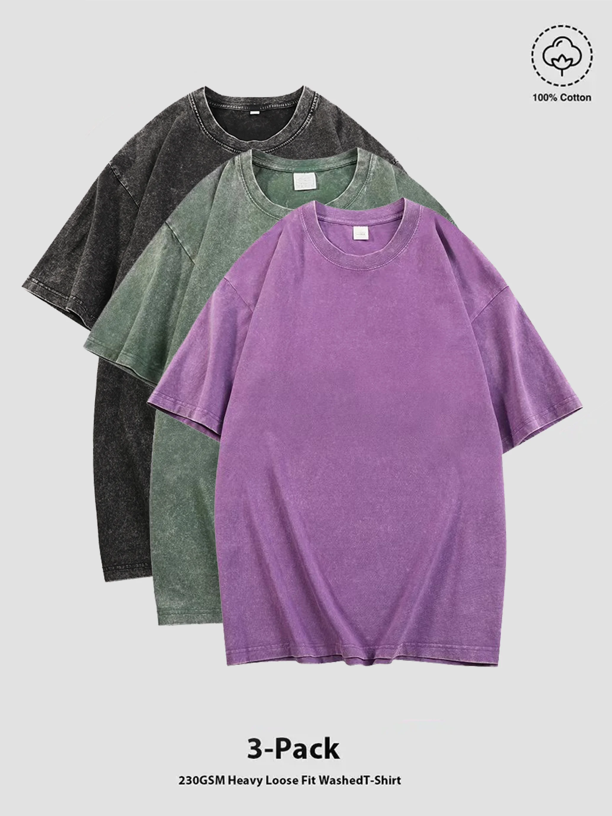 

3-Piece Set 100% Cotton Loose-fit Retro Washed Top (Sports & Casual T-shirt) Suitable as gifts for various festivals