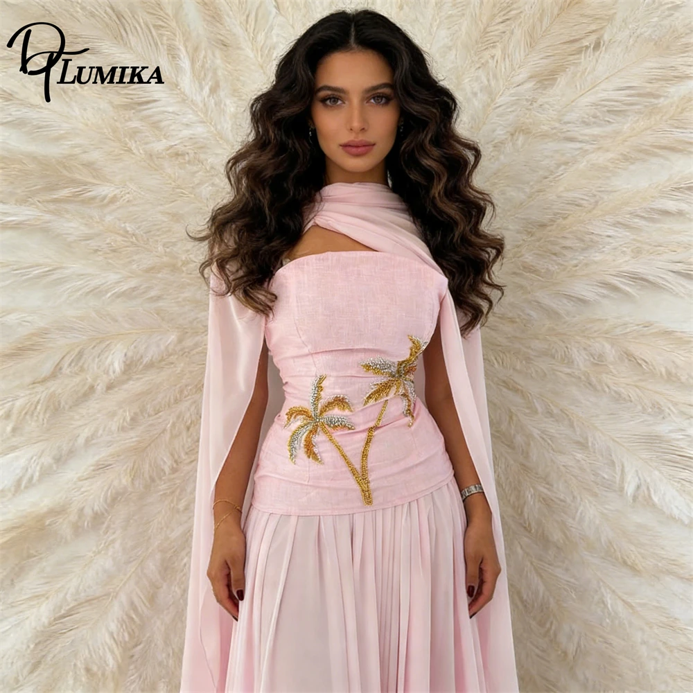 

Arabic Women Blush Strapless Maxi Dress Capelet Palm Tree Sequin Embroidery Formal Club Party Trendy Tropical Evening Dress