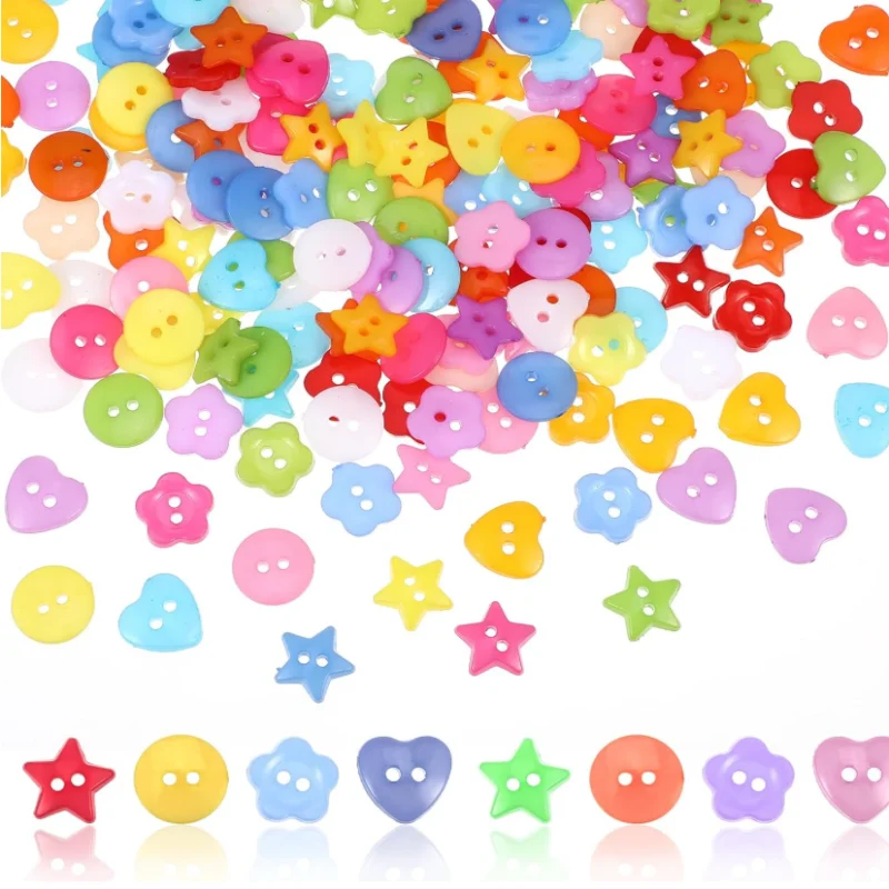 100 Peças de Botões Artesanais Sortidos: Botões Redondos, de Coração, Estrela e Flor com Dois Furos para Costura, Artesanato DIY, Pintura e Decoração