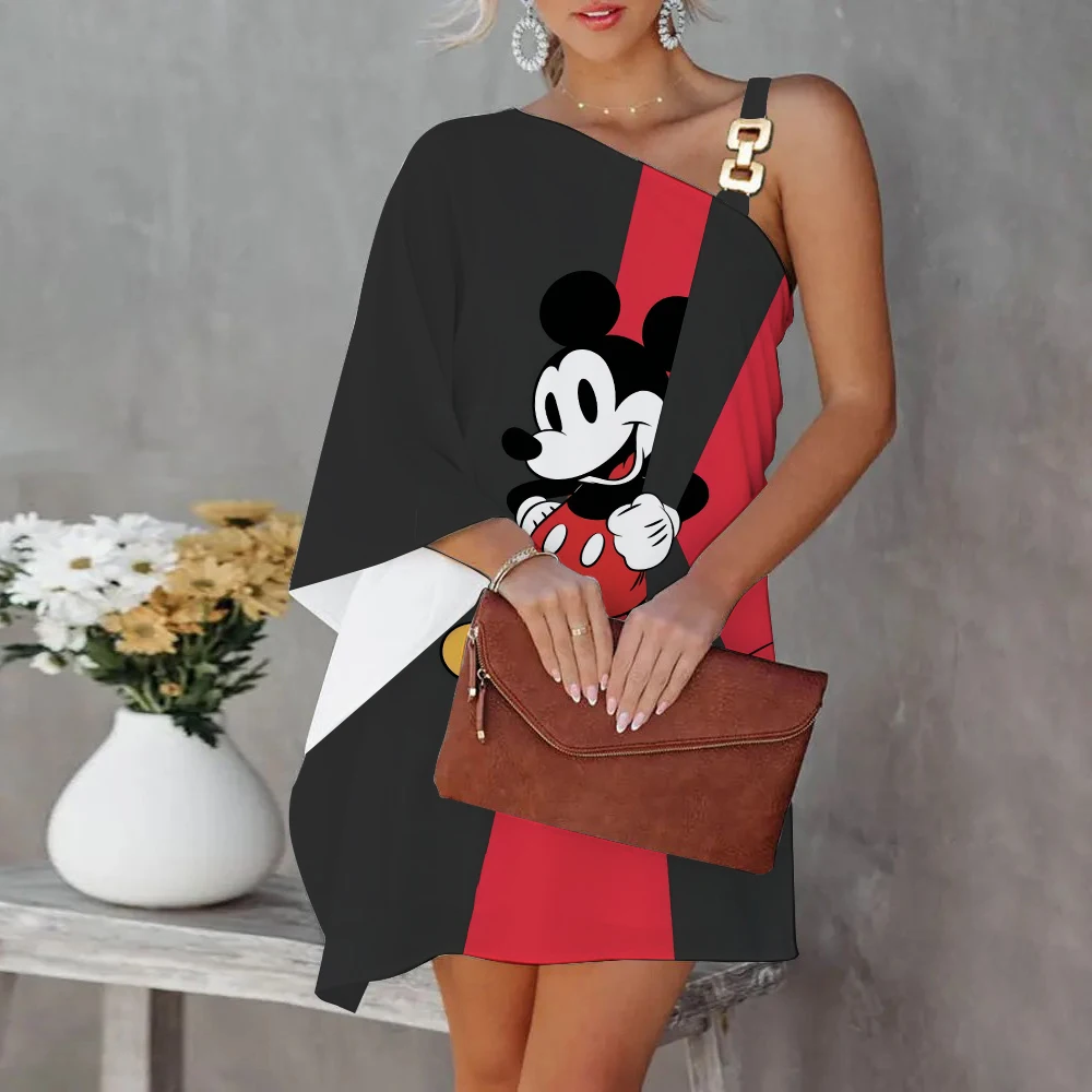 Mini vestido de fiesta de lujo para mujer, vestidos de noche, cuello Diagonal, un hombro, Mickey, vestidos elegantes, Disney, Minnie Mouse